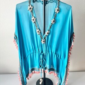 Matthew Williamson Turquoise Floral Trim Swim Cover-Up